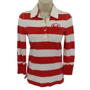 American Eagle Extra Small XS Orange White Stripe Logo Collar Shirt Top Polo Y2K